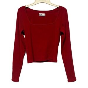 Hollister Shirt‎ Women's Large Red Cropped Ribbed Wide Neck Cozy Casual Trendy